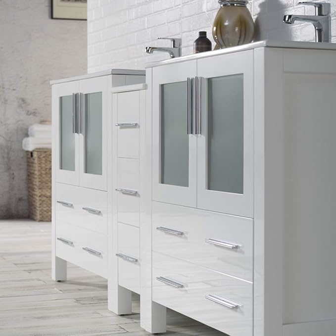 Blossom 72" Solid Wood Double Sink Bathroom Vanity with Side Cabinet | Glossy White Master Bath Furniture | Anti-Warp Painted Finish, Soft-Close Full Extension Drawers & Tempered Glass Modern Style