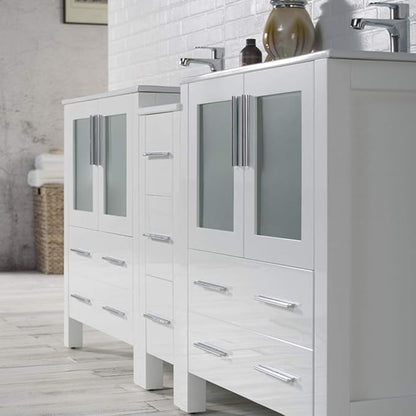 Blossom 72" Solid Wood Double Sink Bathroom Vanity with Side Cabinet | Glossy White Master Bath Furniture | Anti-Warp Painted Finish, Soft-Close Full Extension Drawers & Tempered Glass Modern Style