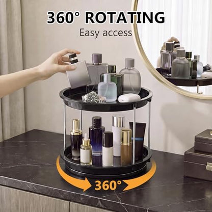 360 Rotating Makeup Organizer for Vanity, 2 Tier Cologne Organizer for Men, Skincare & Perfume Holder for Bathroom Counter, Dresser, Shelf, Cabinet, Black