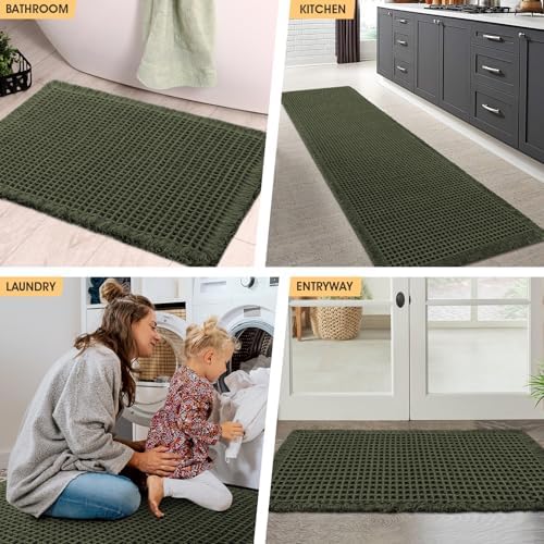 IM HOME Waffle Bath Mat Dark Green 36"x24", Boho Woven Modern Bath Mat Rugs, Absorbent Non Slip Bathroom Rugs, Soft Washable Bath Rugs with Tassels for Bathroom, Bedroom, Kitchen, Shower, Tub