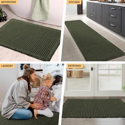 IM HOME Waffle Bath Mat Set Dark Green 3 Piece,Woven Modern Bath Rug Mats, Absorbent Non Slip Bath Floor Mat, Soft Washable Boho Bath Rugs with Tassels for Bathroom, Bedroom, Kitchen,Tub