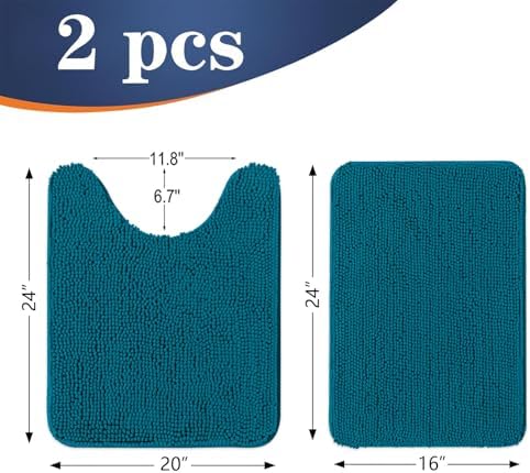 OLANLY Chenille Bathroom Rugs Sets 2 Piece, 24"x16"+24"x20", Peacock Blue