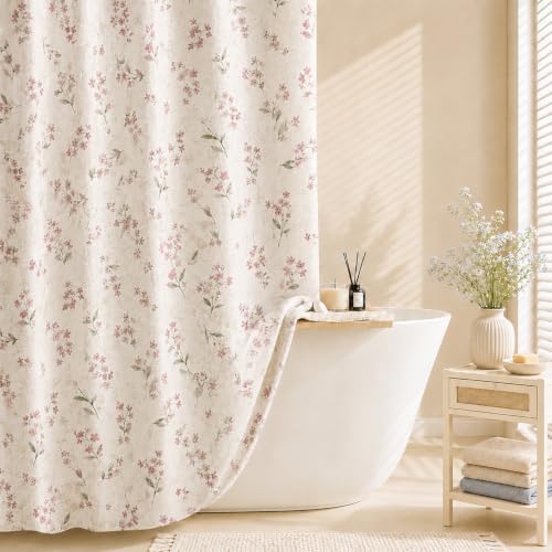 Leowefowa Pink Wildflower Farmhouse Shower Curtain, Vintage Cottagecore Floral Bathroom Decor, Linen Look Fabric Bath Curtain, Rustic Country Style Waterproof Shower Curtain, 72 x 72 Inch