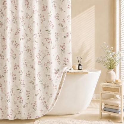Leowefowa Pink Wildflower Farmhouse Shower Curtain, Vintage Cottagecore Floral Bathroom Decor, Linen Look Fabric Bath Curtain, Rustic Country Style Waterproof Shower Curtain, 72 x 72 Inch