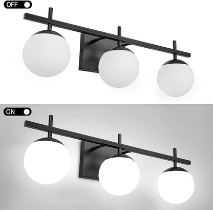 Modern Bathroom Light Fixtures Over Mirror, Black Vanity Lights Milky Glass Globe Bathroom Lighting Fixtures 3-Light Wall Sconces Light for Living Room Dining Room
