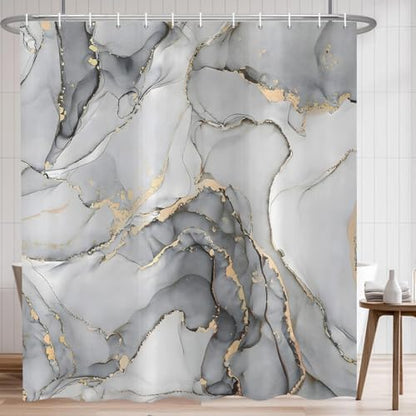 Grey Marble Shower Curtain, Modern Abstract Luxury Grey Gold Ink Texture Watercolor Art Bathroom Curtains Ombre Machine Washable Waterproof Fabric Bathtub Curtain Set with Hooks 60" Wx72 L
