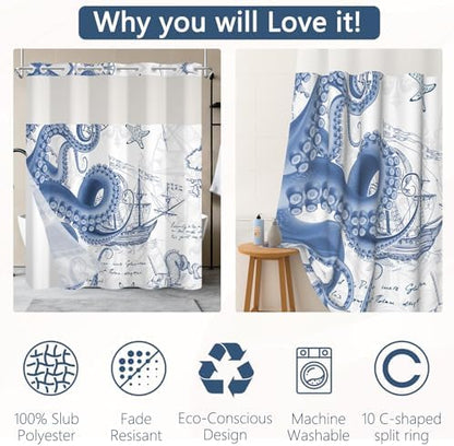 No Hook Shower Curtain with Snap-in Liner 71x74 Inch