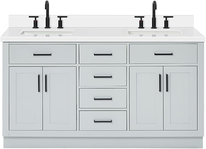 ARIEL Hepburn 60-inch Bathroom Vanity with Sink,Solid Wood, 1.5-inch Pure White Quartz Countertop & Backsplash, Double Rectangular Porcelain Sink, 4 Soft Closing Doors, 6 Dovetail Drawers, Grey