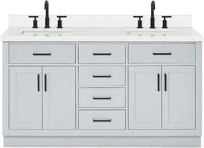 ARIEL Hepburn 60-inch Bathroom Vanity with Sink,Solid Wood, 1.5-inch Pure White Quartz Countertop & Backsplash, Double Rectangular Porcelain Sink, 4 Soft Closing Doors, 6 Dovetail Drawers, Grey