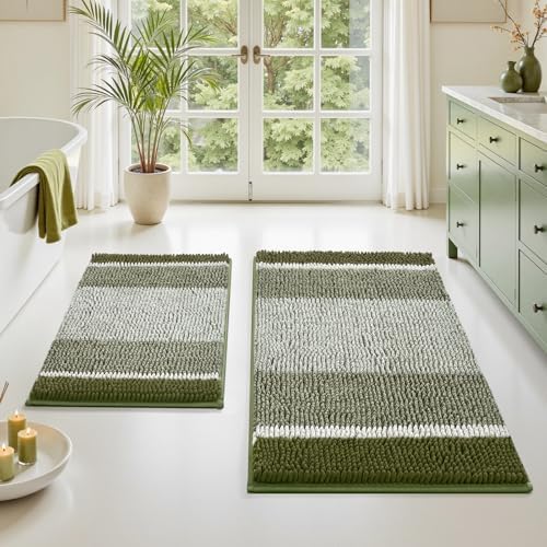 HOMEIDEAS Sage Green Bathroom Rugs Set, Striped Chenille, 20"x32"+17"x24"