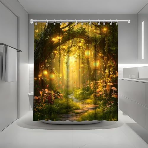 Fantasy Forest Path Shower Curtain Yellow Fairy Magical Enchanted Misty Jungle Mushroom Floral Tree Butterfly Lantern Wonderland Bath Curtain Fabric Bathroom Accessories Decor with Hooks 84W x70L