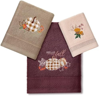 Peryiter 3 Pack Plaid Autumn Pumpkin Decorative Bath Towel Set