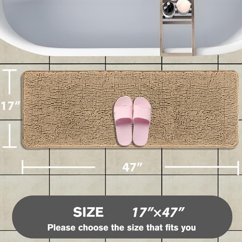 Bathroom Runner Rug 47 x 17 Inch – Long Bath Mat | Absorbent and Washable Thick Chenille Bath Rug Non-Slip Runner Rug for Bathroom, Shower, Sink(Beige)