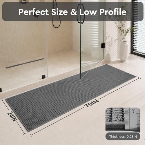 tchdio Bathroom Runner Rug, Absorbent Washable Thin Bath Mat, Non Slip Quick Dry Bath Rugs with Solid Rubber Backing, Low Profile Bath Mat, Grey, 24" x 70"