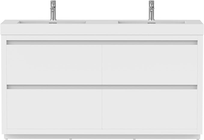 Vanity Art 60 Inch Double Sinks Floor Standing Bathroom Vanity Set 2 Drawers Storage Cabinet with White Engineered Stone Top Undermount Rectangle Sinks High-Glossy Finish