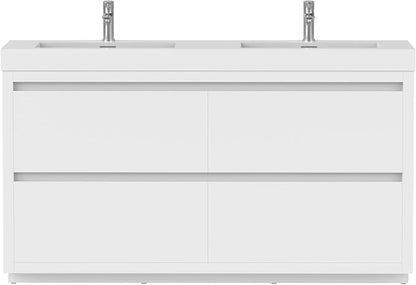 Vanity Art 60 Inch Double Sinks Floor Standing Bathroom Vanity Set 2 Drawers Storage Cabinet with White Engineered Stone Top Undermount Rectangle Sinks High-Glossy Finish