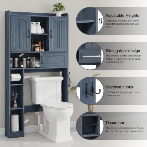 Vabches Over The Toilet Cabinet with 2 Barn Doors & Sliding Door, Blue