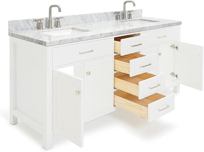 Alenza 72 Inch Bathroom Vanity Double Sink — White Bathroom Vanity with Sink, 1.5" Edge Italian Carrara Marble Countertop & Backsplash, 4 Soft-Close Doors, 4 Dovetail Drawers