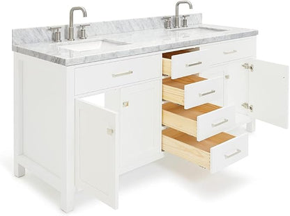 Alenza 72 Inch Bathroom Vanity Double Sink — White Bathroom Vanity with Sink, 1.5" Edge Italian Carrara Marble Countertop & Backsplash, 4 Soft-Close Doors, 4 Dovetail Drawers