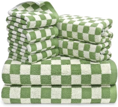 Jacquotha Green Checkered Towels Set of 8, Cotton Towels for Bathroom