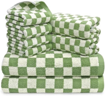 Jacquotha Green Checkered Towels Set of 8, Cotton Towels for Bathroom