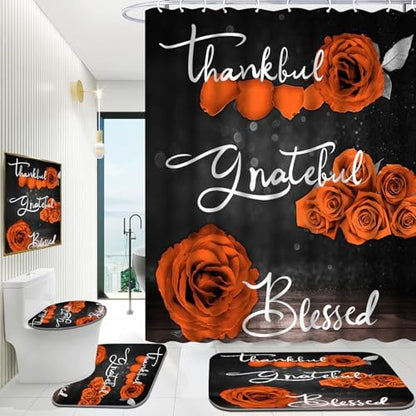 Onalasyc 4Pcs Orange Rose Floral Shower Curtain with Rugs Set