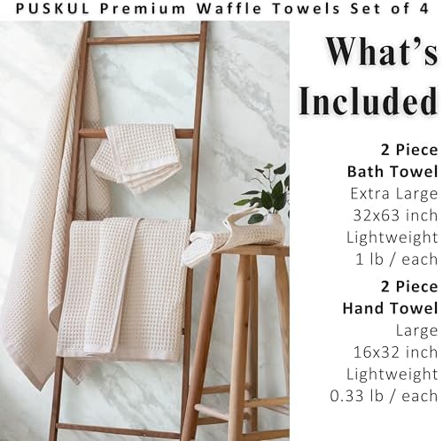 PÜSKÜL Raw-Undyed Natural 100% Turkish Cotton Waffle Towels Set of 4-Piece