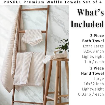 PÜSKÜL Raw-Undyed Natural 100% Turkish Cotton Waffle Towels Set of 4-Piece