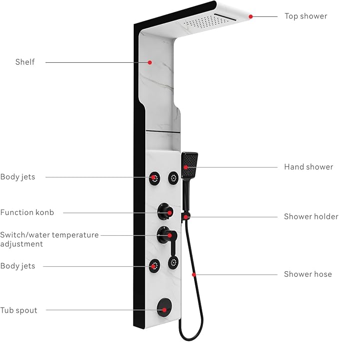 ELLO&ALLO Shower Panel Tower System with Shelf, Rainfall Shower Head and Rain Massage System with Body Jets, Stainless Steel Bathroom Fixtures, Marble&Black