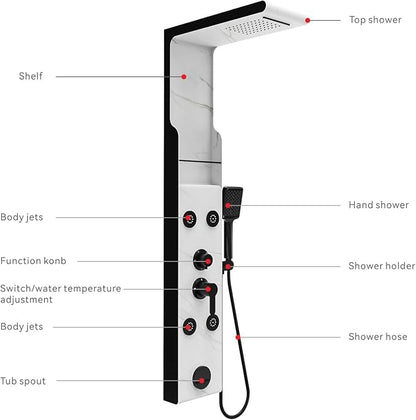 ELLO&ALLO Shower Panel Tower System with Shelf, Rainfall Shower Head and Rain Massage System with Body Jets, Stainless Steel Bathroom Fixtures, Marble&Black
