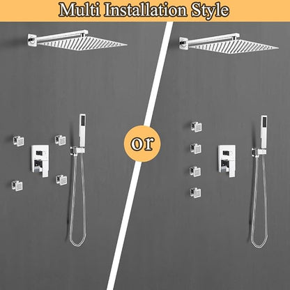 Shower Faucet Set with Body Jets 10 Inch Polished Chrome Shower Head Handheld Shower Combo Set High Pressure Wall Mount with Rough-in Valve, Polished Chrome