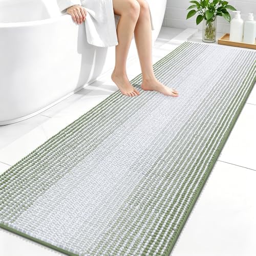OLANLY Bathroom Runner Rugs 70x24, Chenille Striped Bath Rugs, Sage Green
