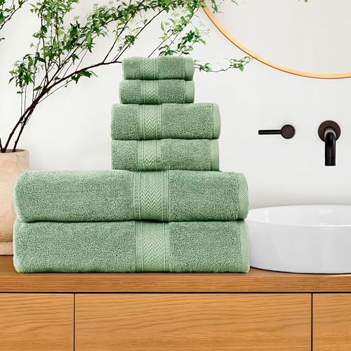 HILLFAIR Premium 600 GSM - 100% Cotton - 6 Piece Bath Towel Set - Sage