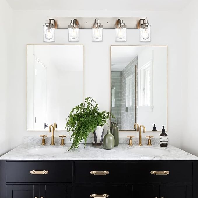 Bathroom Lights Fixtures Over Mirror, Brushed Nickel Vanity Lighting with 5 Seeded Glass Lampshades for Kitchen Living Room
