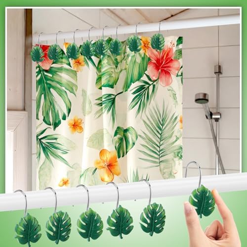 Thyle 12 Pcs Tropical Leaf Shower Curtain Hooks, Hawaiian Resin Ornament Rings Summer Shower Curtain Hooks for Bathroom Bedroom Accessories