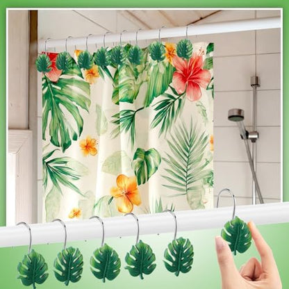 Thyle 12 Pcs Tropical Leaf Shower Curtain Hooks, Hawaiian Resin Ornament Rings Summer Shower Curtain Hooks for Bathroom Bedroom Accessories