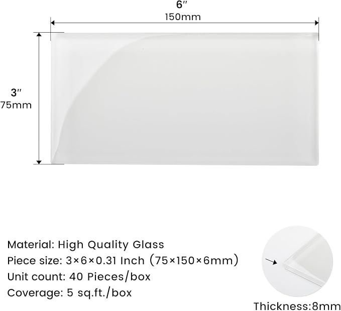 Glass Subway Tile 3 x 6 Inch White for Kitchen Backsplash Bathroom Wall Pack of 32 Sheets