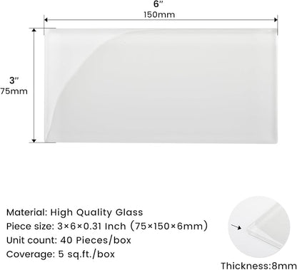 Glass Subway Tile 3 x 6 Inch White for Kitchen Backsplash Bathroom Wall Pack of 32 Sheets