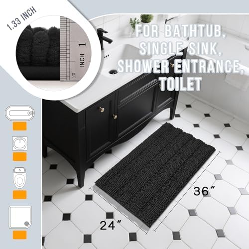 Yimobra Bathroom Rug Mat 36 x 24, Non Slip and Super Absorbent Bath Mat,Machine Washable Quick Dry,Ultra Plush Chenille Shower Rugs for Bathroom Floor Sink Tub and Shower Outside,Black