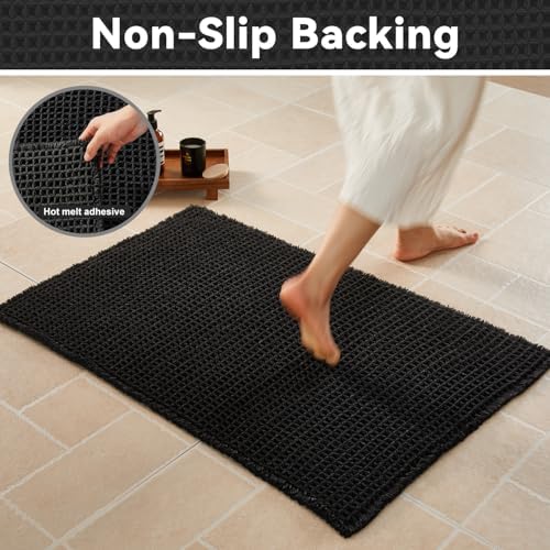 Triohero Black Waffle Bath Mat, Boho Bathroom Rugs Non Slip Washable, 24x36