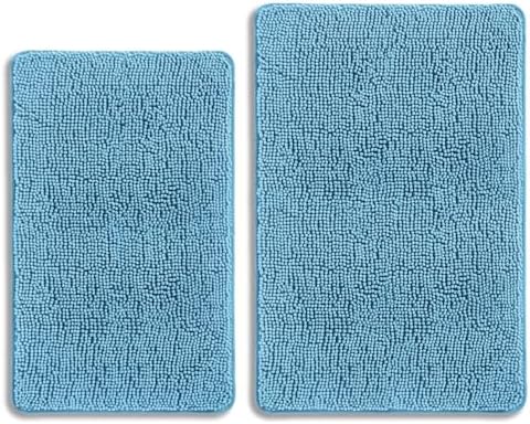 Sky Blue Bathroom Rugs Sets 2 Piece – Absorbent and Washable Bath Mat, Non-Slip, Thick Soft Chenille Bath Rugs for Bathroom Floor, Shower, Sink - 20" x 32"+24" x 36"