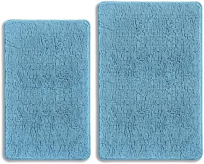 Sky Blue Bathroom Rugs Sets 2 Piece – Absorbent and Washable Bath Mat, Non-Slip, Thick Soft Chenille Bath Rugs for Bathroom Floor, Shower, Sink - 20" x 32"+24" x 36"