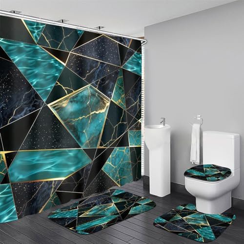 LQCOOL Teal Marble Geometric Shower Curtain Set Bathroom Sets Modern Shower Curtain Set for Bathroom Sets with Rugs and 12 Hooks