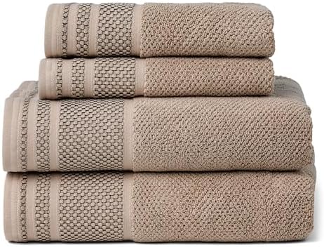 Texere 100% Organic Cotton Rice Weave Jacquard 700 GSM Luxury Bath Towel Sets - Ultra Soft and Absorbent Hotel and Spa Quality (Rice Weave, Oxford Tan, 2 Bath & 2 Hand Towels)