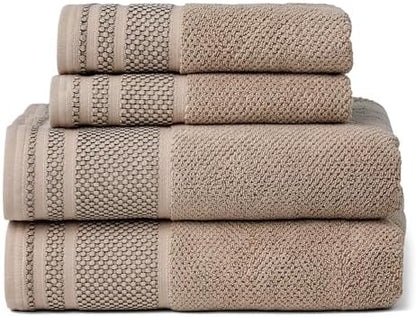 Texere 100% Organic Cotton Rice Weave Jacquard 700 GSM Luxury Bath Towel Sets - Ultra Soft and Absorbent Hotel and Spa Quality (Rice Weave, Oxford Tan, 2 Bath & 2 Hand Towels)