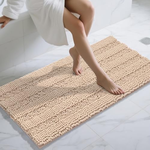 Yimobra Bathroom Rug Mat 47 x 24, Non Slip and Super Absorbent Bath Mat,Machine Washable Quick Dry,Ultra Plush Chenille Shower Rugs for Bathroom Floor Sink Tub and Shower Outside, Beige