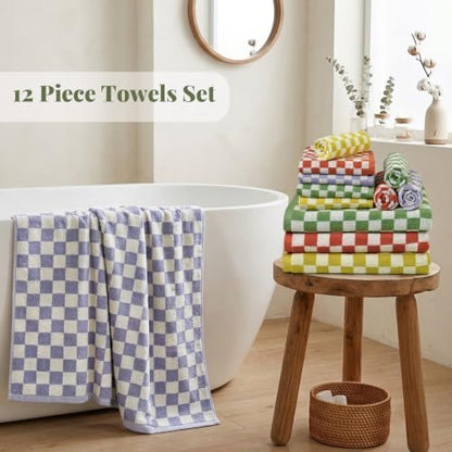 12 Piece Checkered Towel Set, Cotton Towels for Bathroom, 4 Colors