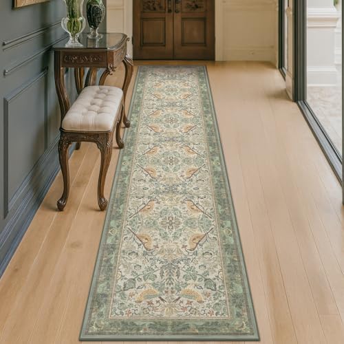 Vintage Sage Runner Rugs for Hallways - Light Green 2x10 Kitchen Runners, 10 ft Long Entryway Rug, Botanical Boho Pattern with Flowers and Leaves, Washable Non Slip Low Pile