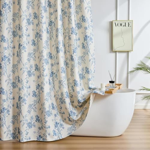 Warmstar Farmhouse Shower Curtain,Blue Floral Shower Curtain for Bathroom Linen Look Vintage Shower Curtain with Weighted Hem,72" W x 84" L