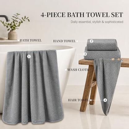 Bath Towels for Bathroom Oversize Bath Towel Set- 35x70 Inches, 4-Piece Shower Towels (1 Bath Towel, 1 Hair Towel, 1 Hand Towel, 1 Washcloth), Soft and Absorbent Microfiber Towels for Bathroom (Gray )